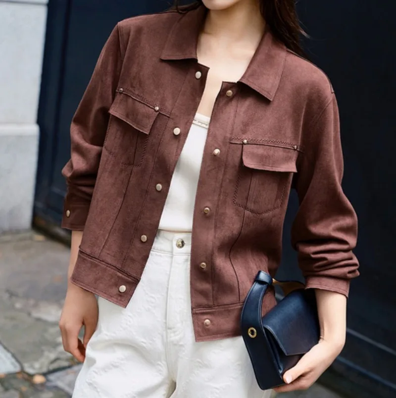 2024 New Autumn Brown Jacket Women Spring Vintage Women\'s Suede Leather Jacket Windbreaker New in Coat Streewear Women Clothes