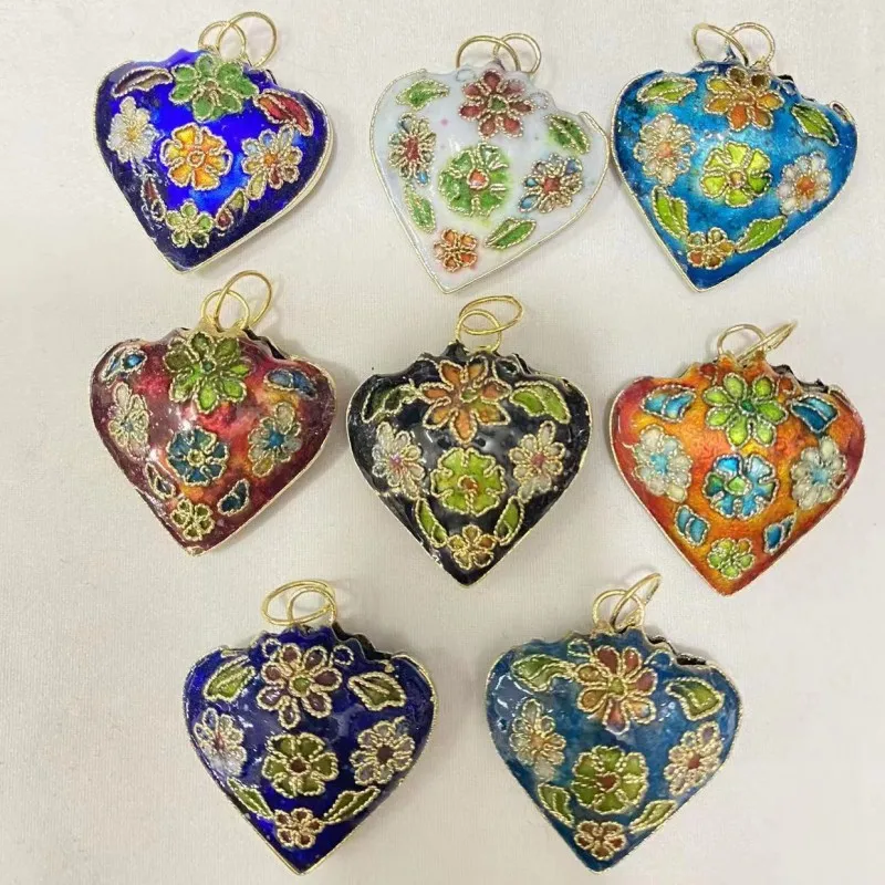 5pcs 3cm Large Cloisonne Heart Love Pendants for Women Jewelry Chinese Enamel Filigree Charms Traditional Handcrafts Accessories