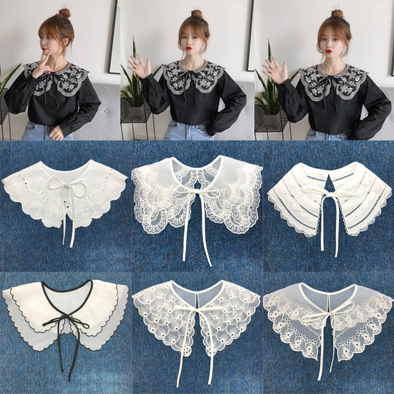 Women Lace Tulle Fake Collar Embroidery Lace Up Shirt Decor Detachable Collar Clothing Accessories Sweater Neck Lace Fake Collar