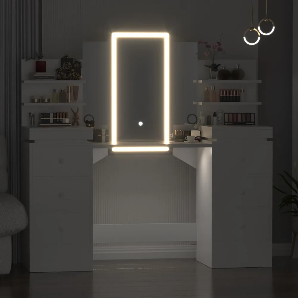 طاولة مكياج فانيتي مقاس 57.1 بوصة مع طاولة مرآة مضاءة مع مرآة ثلاثية الطي، 8 أدراج، 3 أوضاع إضاءة، أرفف تخزين مفتوحة، V