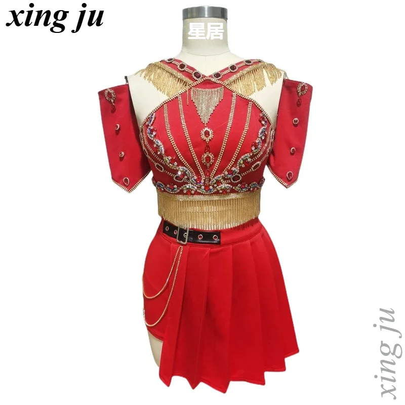 Women Group Nightclub DJ Stage Performance Costume Jazz Dance Sexy Red Short Coat Slim Halter Tops Pleated Skirt Tight Shorts