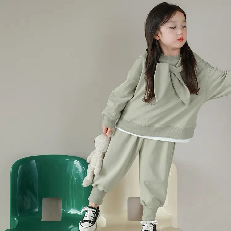 

2023 New Spring and Autumn New Girls Casual Sweater Solid Color Sweat Pants Childrens Sweet Fashion Cotton Sets