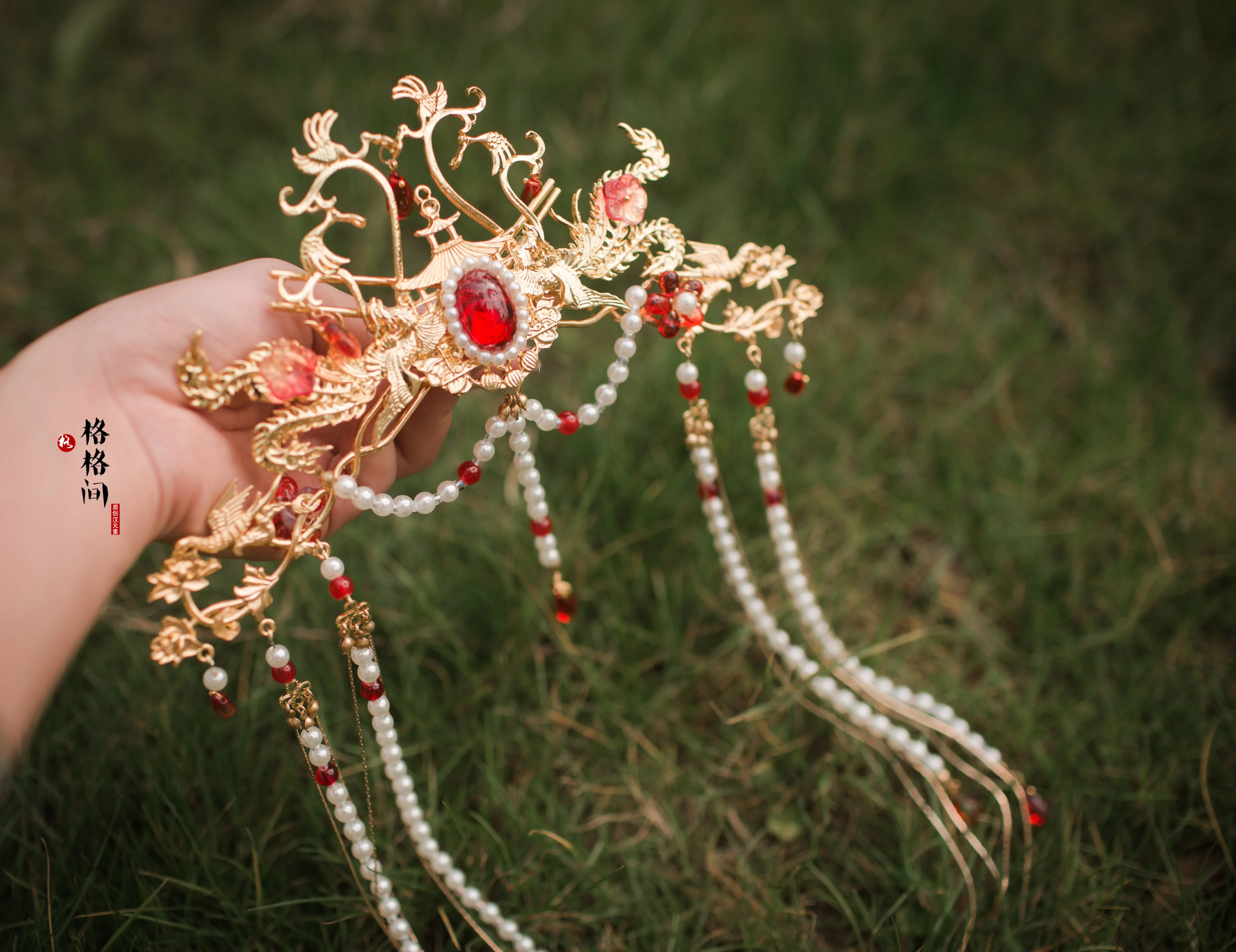 Ming Dynasty Antique Hair Sticks Accessories for Women Traditional Chinese Style Pearl Fringe Hairpin Red Wedding Jewelry Crown