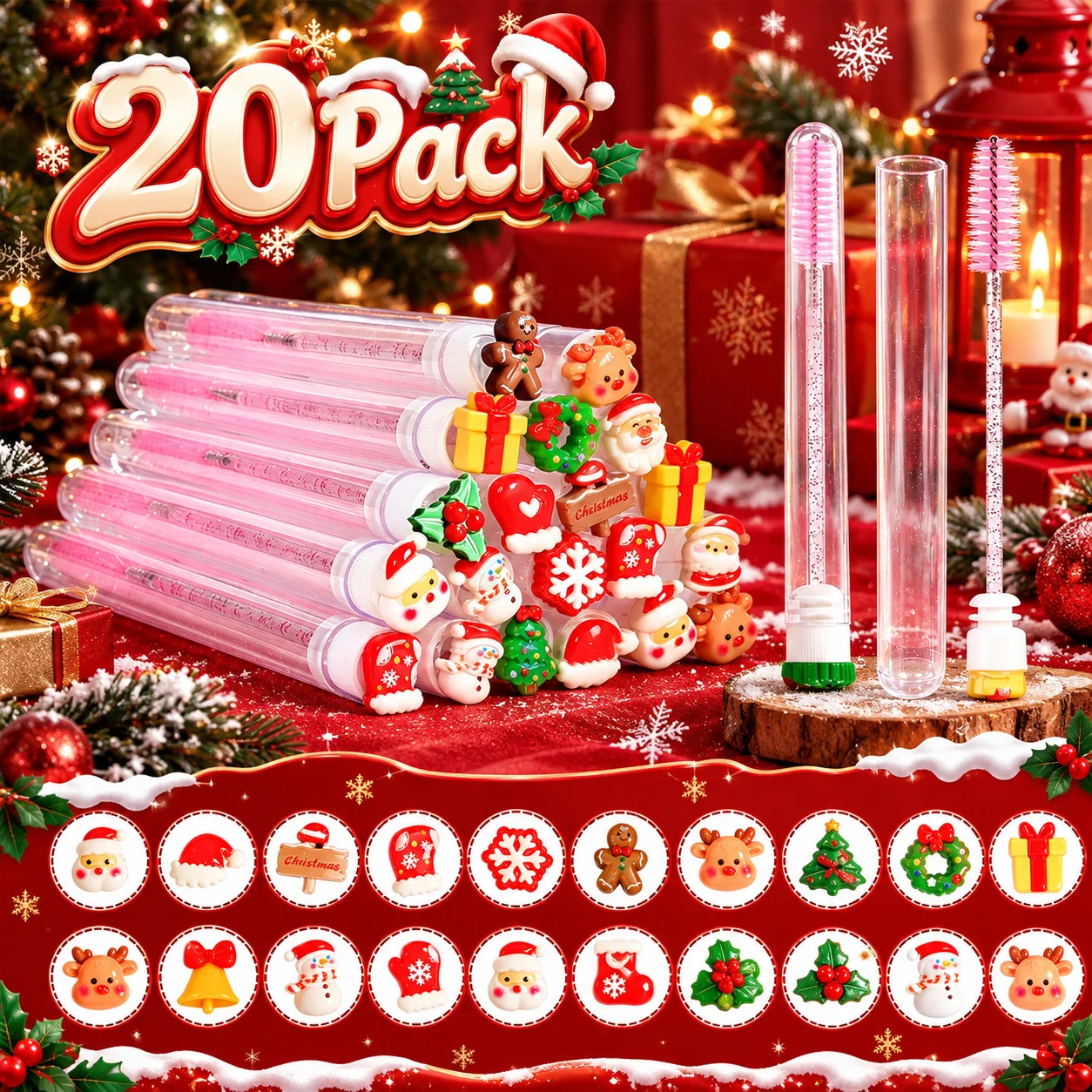 20Pcs Christmas Eyelash Brush with Dustproof Tube Reusable Lash Spoolies Mascara Wand Portable Eyebrow Comb Extension Xmas Gifts