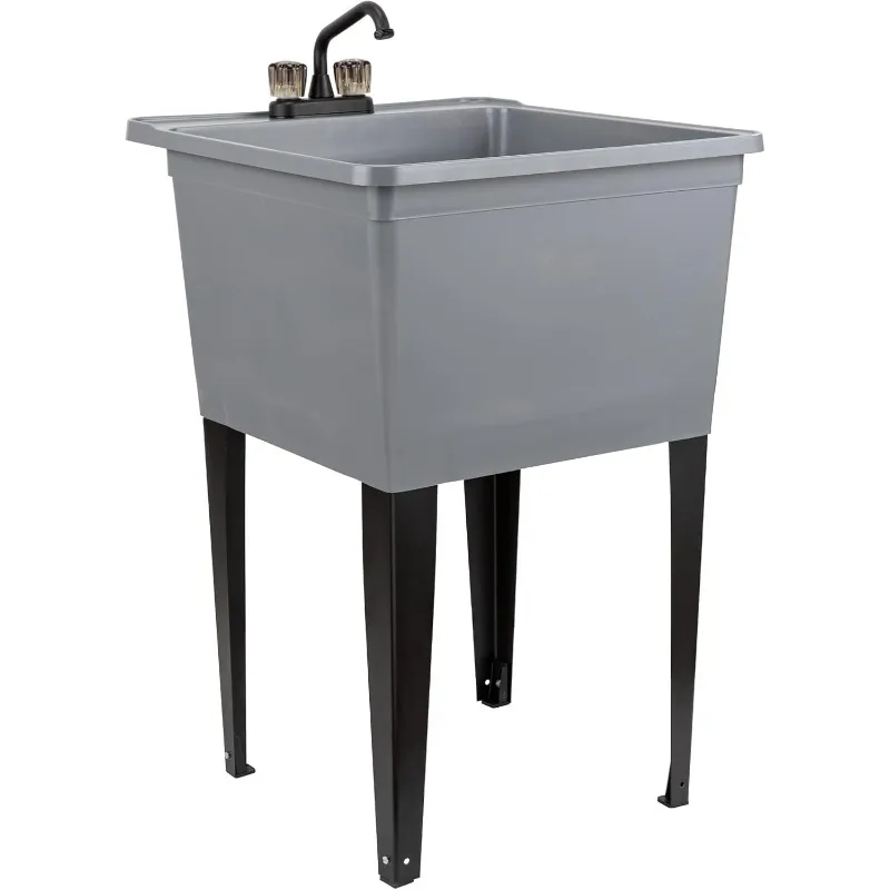 Grey Freestanding Utility Sink with Black 2-Handle Faucet, Heavy Duty Plastic Laundry Tub with Adjustable Legs