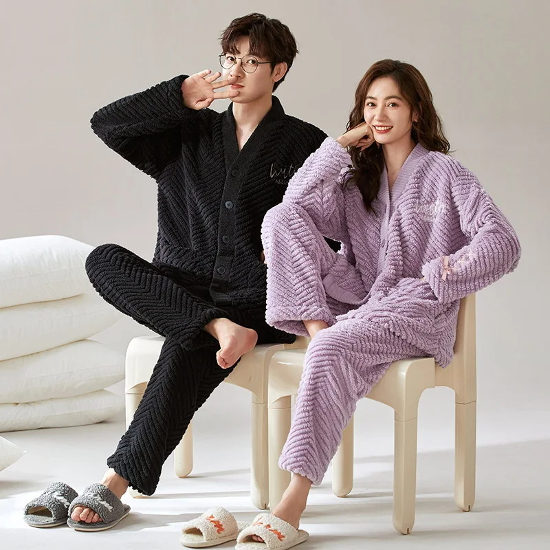 Men Winter Plus Size Thick Warm Flannel Pajamas Set Kimono Coral Fleece Nightwear Women Pijamas Night Sleepwear for Couples