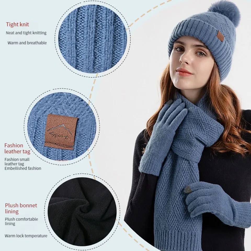 GETINFIT Cappello di lana lavorato a maglia invernale Cappello caldo da donna Sciarpa Guanti Set da tre pezzi Protezione per le orecchie Cappello con fascia Protezione invernale