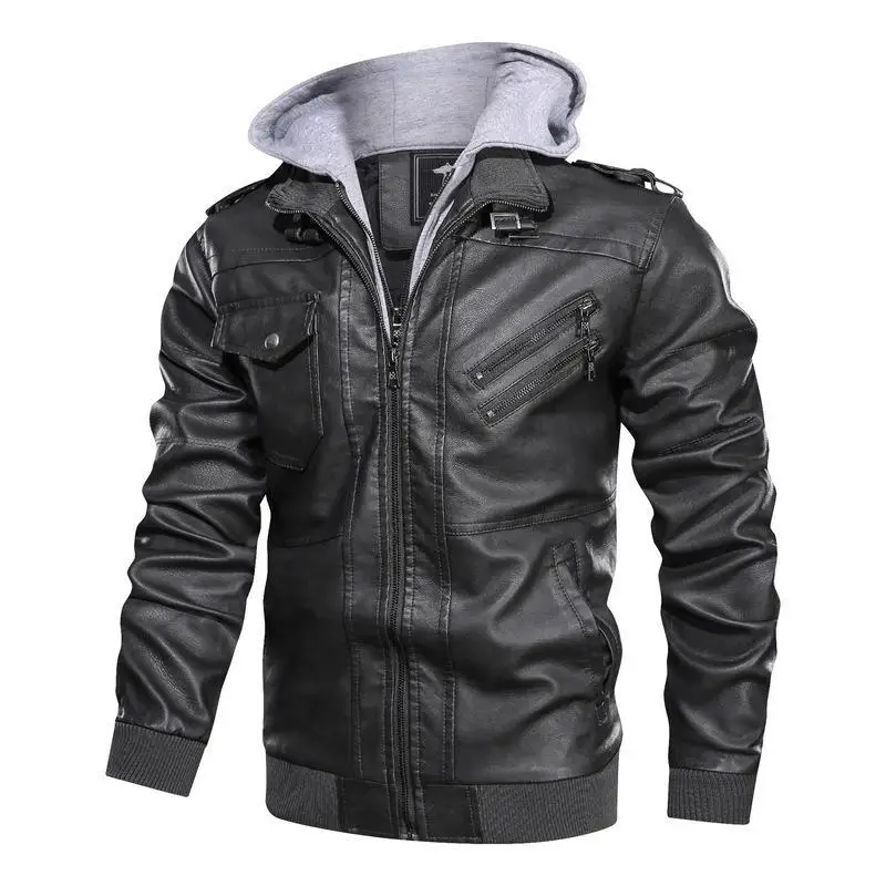 Spring Autumn Motorcycle Leather Jacket For Men Slim Fit Zipper Retro PU Coat Casual Fake Two Piece Hooded Leather Jacket