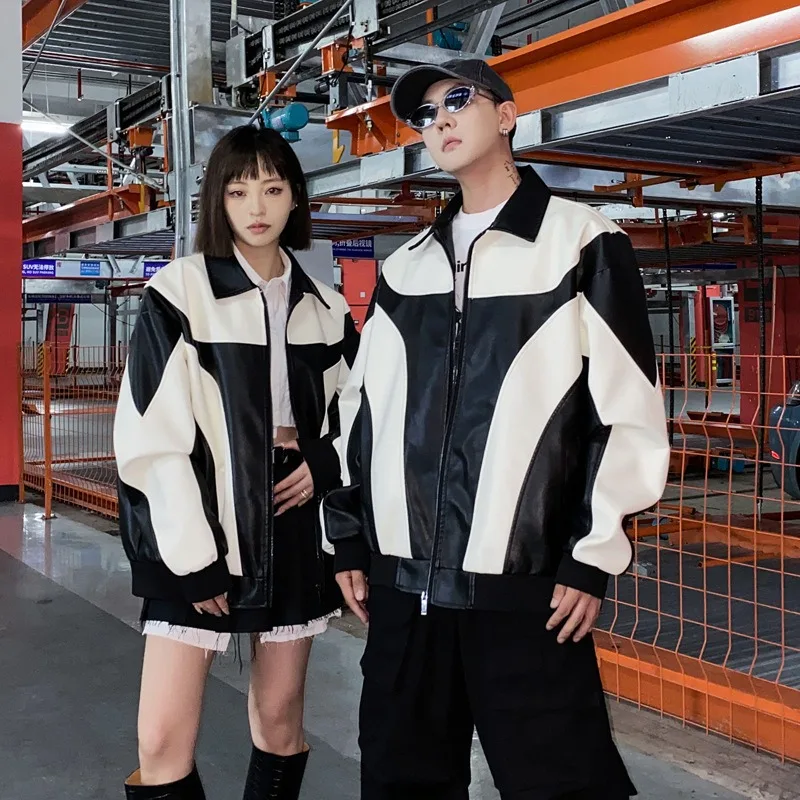 

Retro American PU leather jacket new motorcycle clothing EU size men's autumn high-end trend loose splicing jacket moto jacket