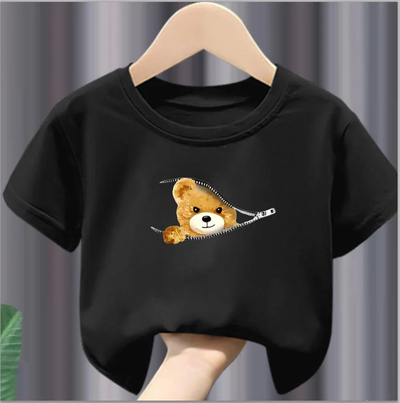 Zipper Bear Graphic Print T-Shirt, Creative Short Sleeve Crew Neck Shirt, Casual Daily Tops, Boy\'s Clothing clothes