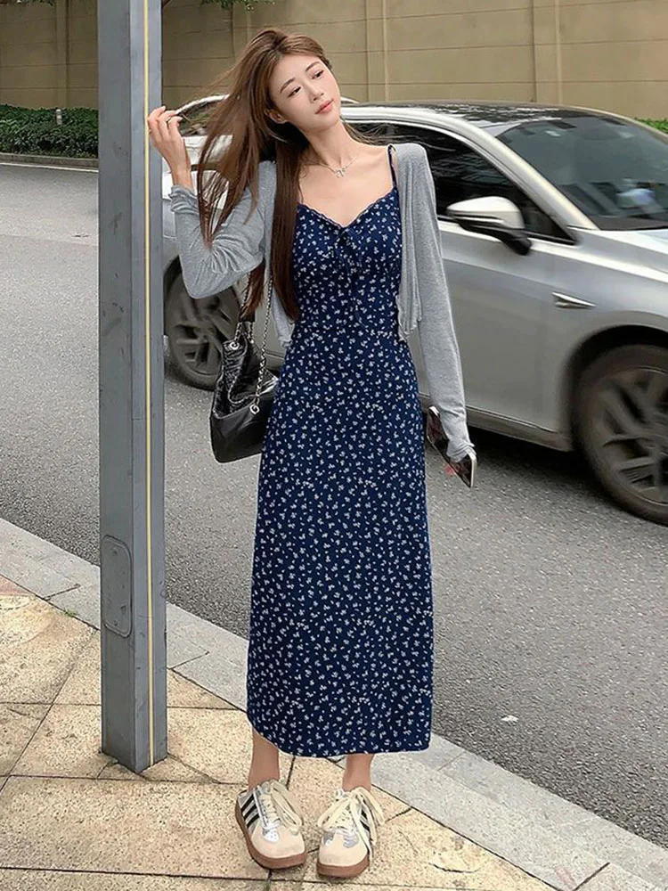 Korean Sexy Dress Sets Women Print Lace Patchwork Spaghetti Strap Dress Fashion All Match Solid Long Sleeve Top Ladies Two Piece