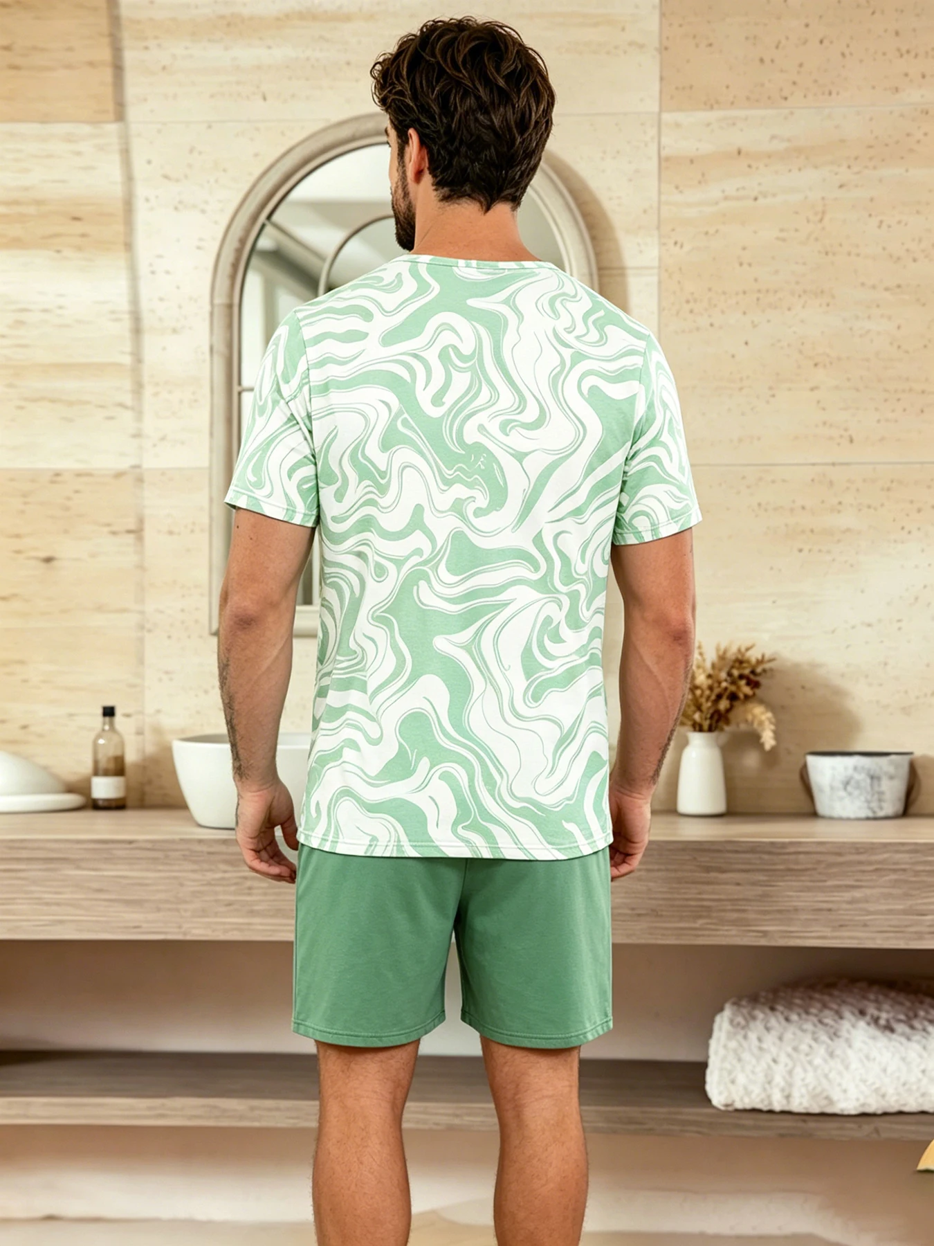Kariertes Herren-Pyjama-Set, Rundhalsausschnitt, kurzärmliges Oberteil und elastische Shorts, hautfreundlicher Stoff, bequeme, entspannte Passform, Loungewear-Pjs – Detail 9