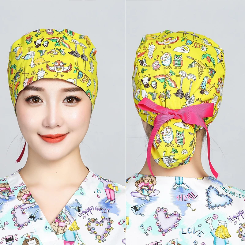 Fashion Printed Cotton Doctor Nurse Hat Medical Personnel Surgical Hat With Hair Strap Cartoon Pattern Workshop Dustproof Caps