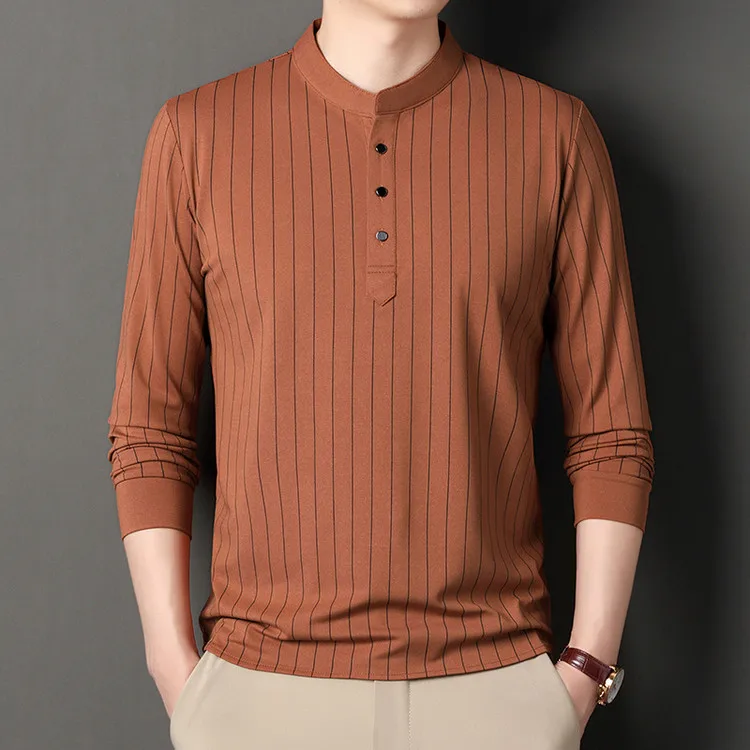 2025 New Men's Long Sleeved Small Stand Up Collar Striped Base T-shirt