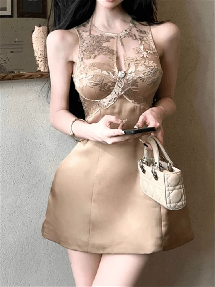 透かし彫りゴールドレース刺繍入りショートパーティードレス、Oネック、新作夏高級パッチワークノースリーブスリムミニAラインドレス