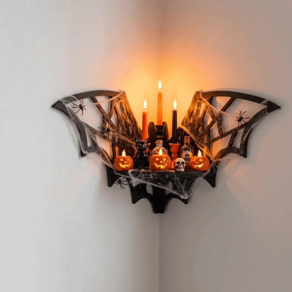 Wooden Bat Corner Shelf Hollow Pattern Wall Mounted Floating Storage Shelf Black Creative Shape Wall Display Shelf Indoor Use