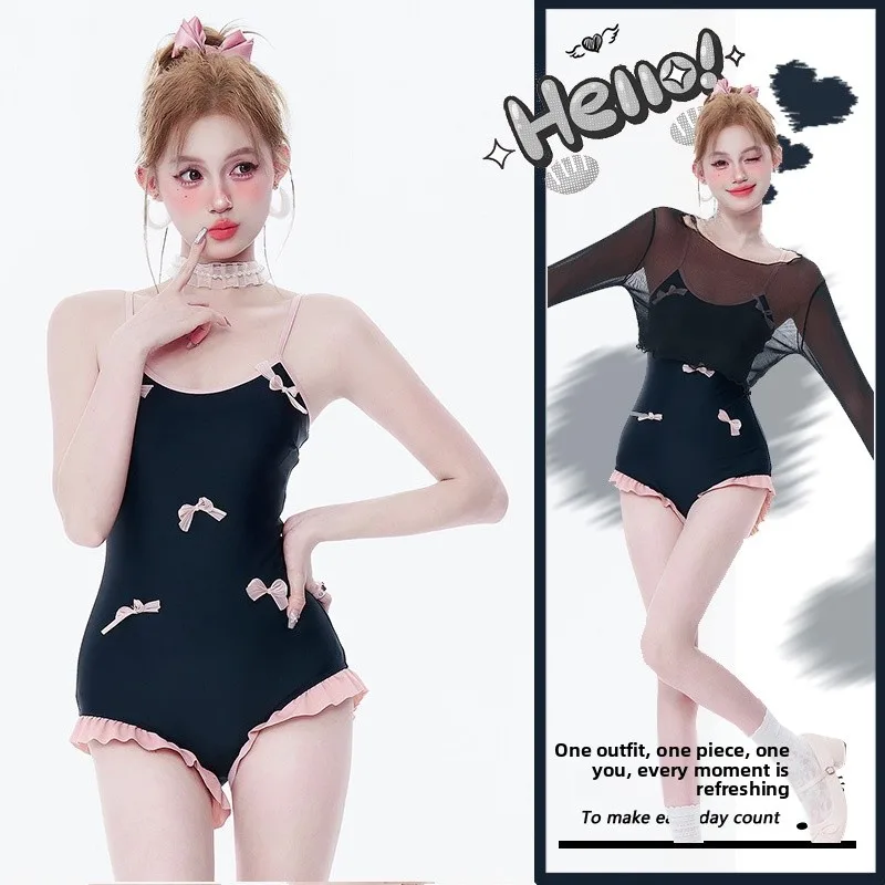 Adorable Conservative One-Piece Swimsuit for Girls Ideal for Hot Springs Beautiful Simple Style Long Sleeve Casual Swimsuit