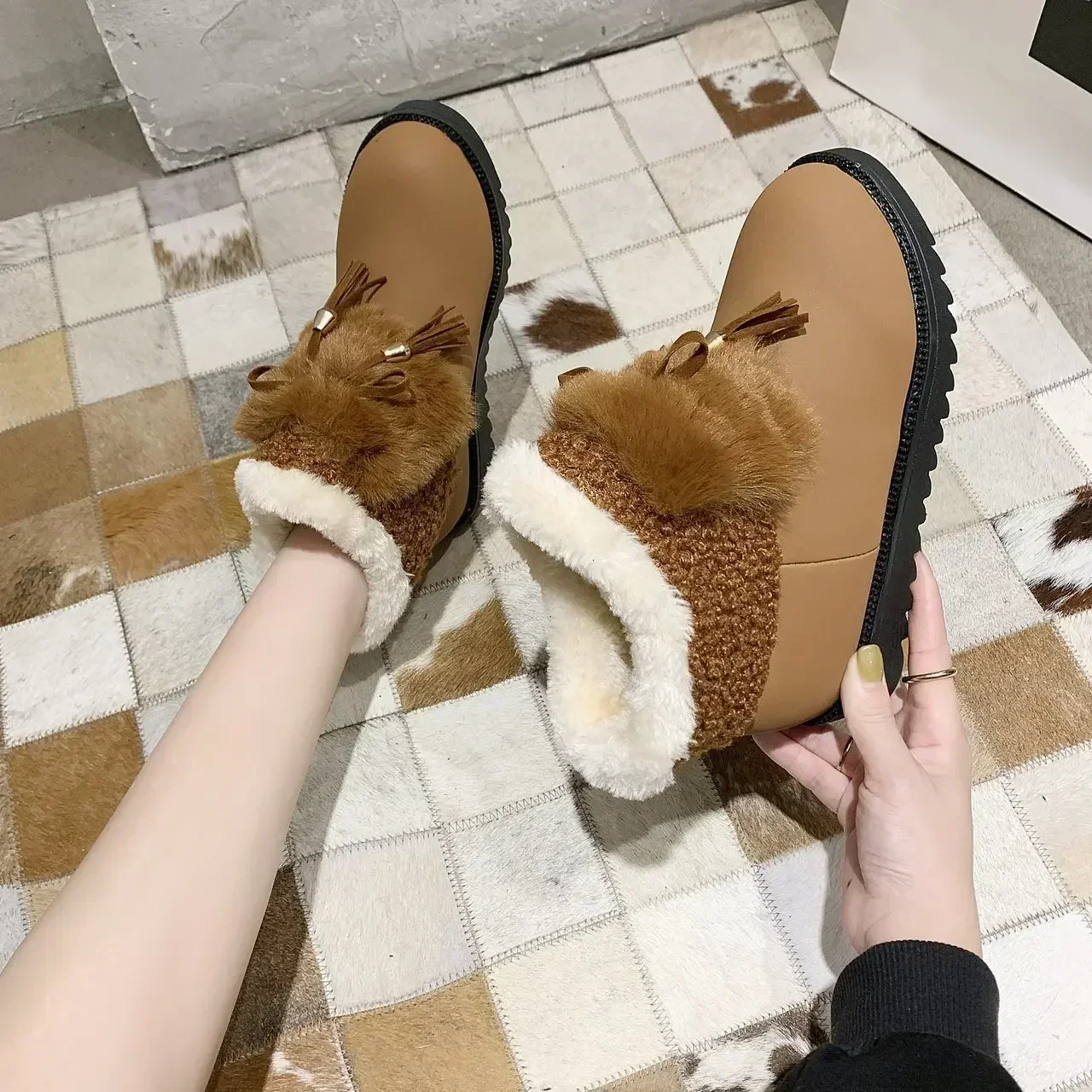 Ladies Ankle Snow Boots Elegant With Low Heels Female Booties Shoes Plus Warm Spring Autumn Plush Winter 2024 Novelty Anti Skid