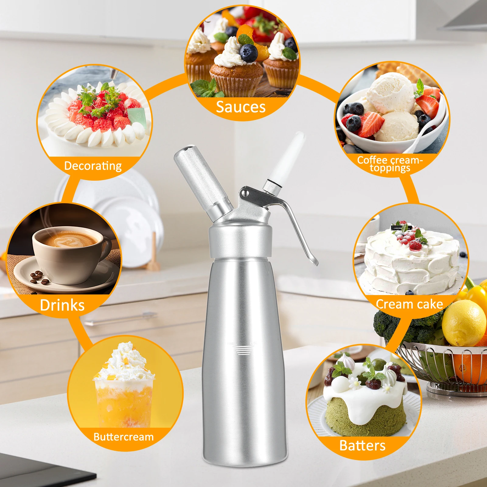Whipper  crema  500 ml, dispensador profesional  crema batida con 3 diversos puntas  coración, cepillo  limpieza