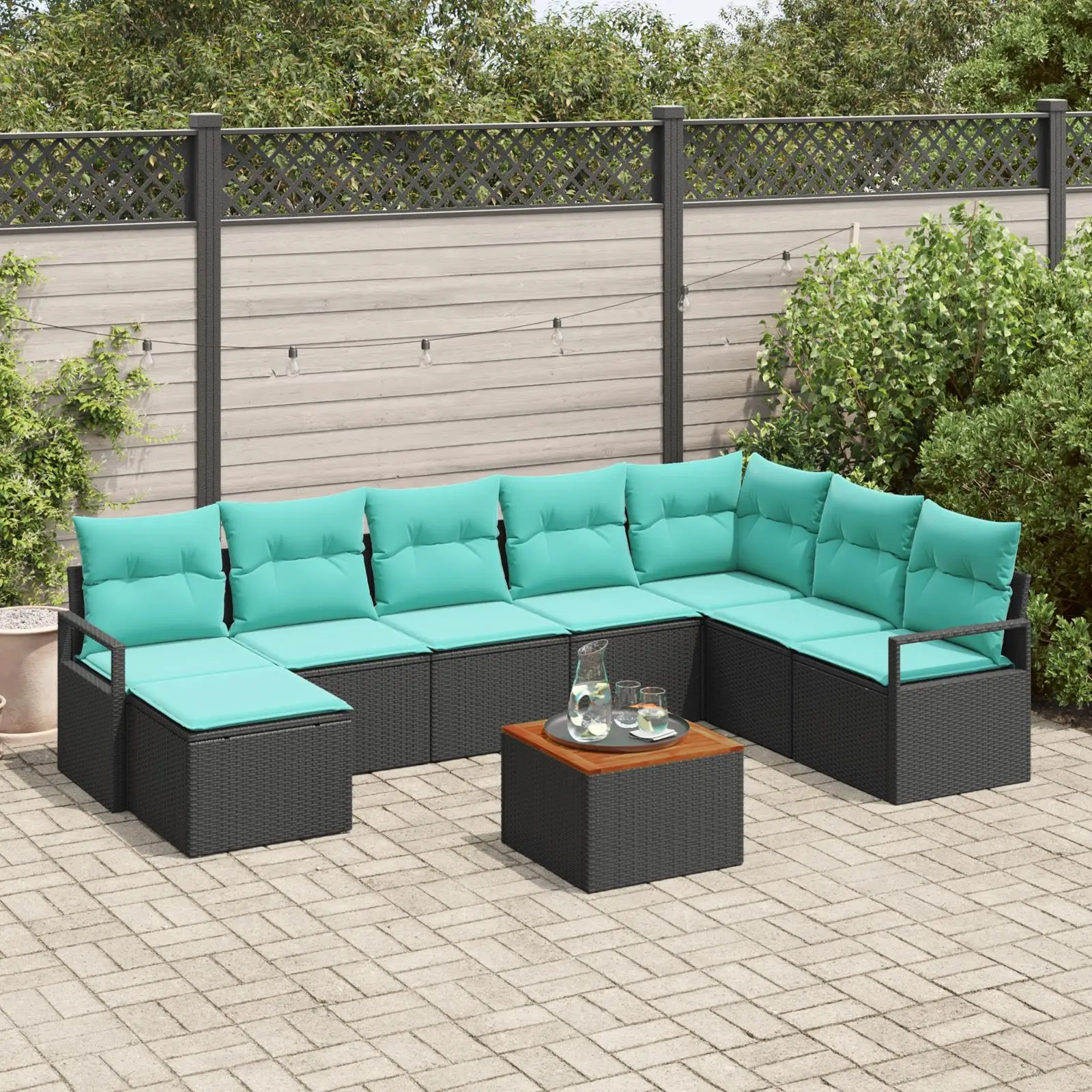 

9 Piece Outdoor Sofa Set with Cushions Black Rattan and Acacia Wood Furniture Garden Patio Seating