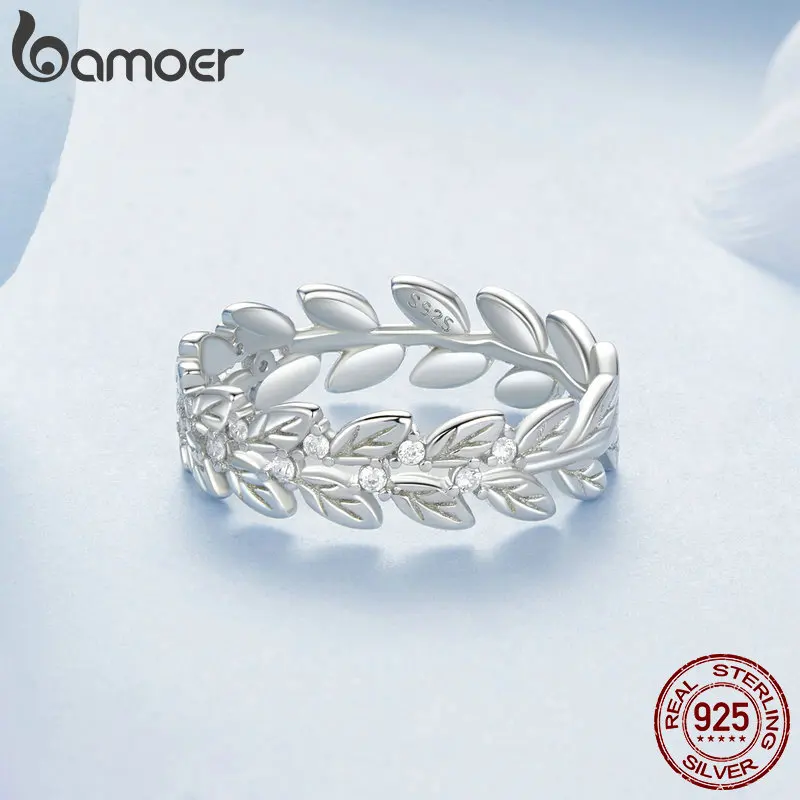 Bamoer Original 925 Sterling Silver Plant Full Leaves Ring CZ White Gold For Women Anniversary Holiday Party Gift Fine Jewelry