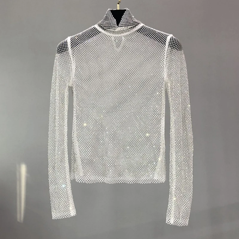 Glitzernde Netz-Diamant-Hohlmuster-T-Shirts Sexy Langarm-Rollkragenpullover für Damen Durchbrochenes Pailletten-Shirt Party Clubwear Großhandel – Detail 5