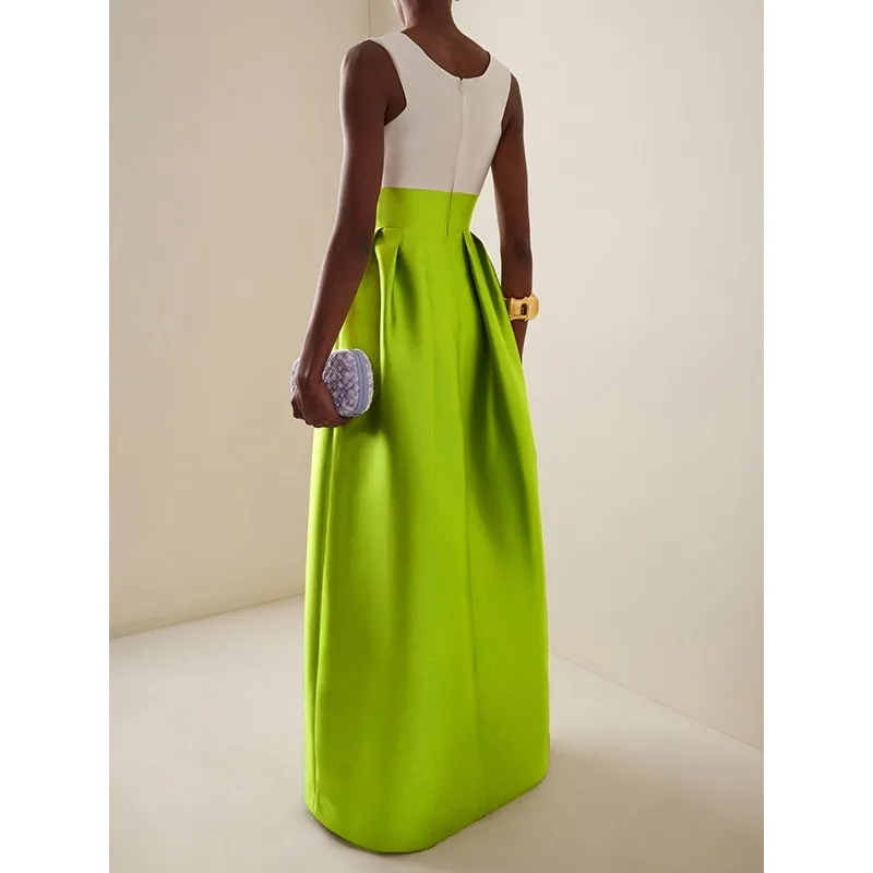 Luksusowe satynowe suknie wieczorowe dla kobiet 2025, linia A, plisowane, bez rękawów, głęboki dekolt w serek, elegancka sukienka na przyjęcie, długie sukienki 178731