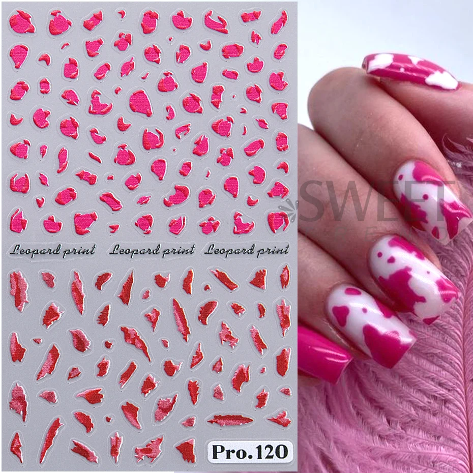 5D Leopard Nail Stickers Brown Hot Pink Green Leopard Skin French Manicure Hibiscus Flower Design DIY Winter Y2K Nail Decoration