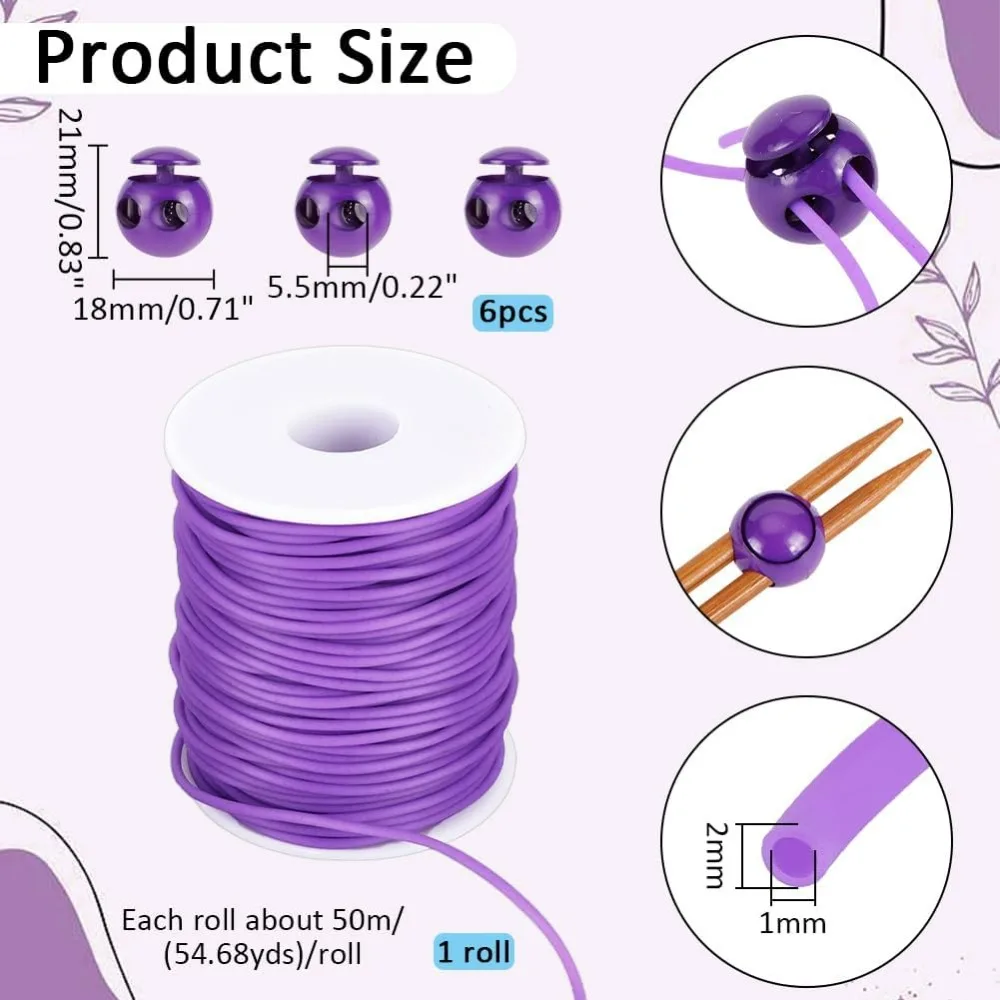 55 Yards Stitch Keeping Cords 2 mm Hollow Rubber Tubing Knitting Barber Cord Stitch Keeper with Plastic Cord Locks for Holding