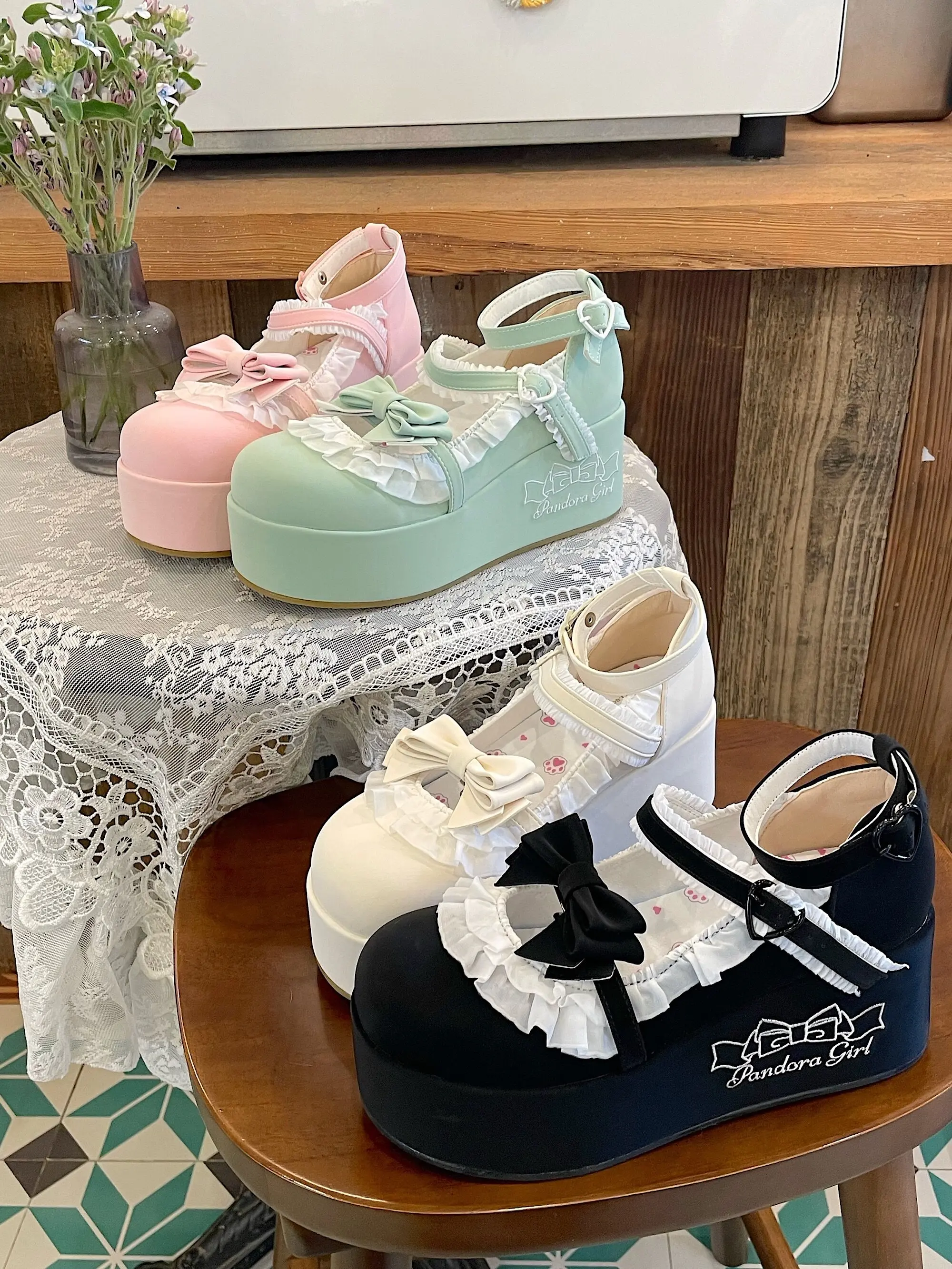 Cute Lolita Platform Mary Jane Shoes Women Bow Lace Ruffle Wedge Thick Sole Kawaii Cosplay Sweet Doll Shoes