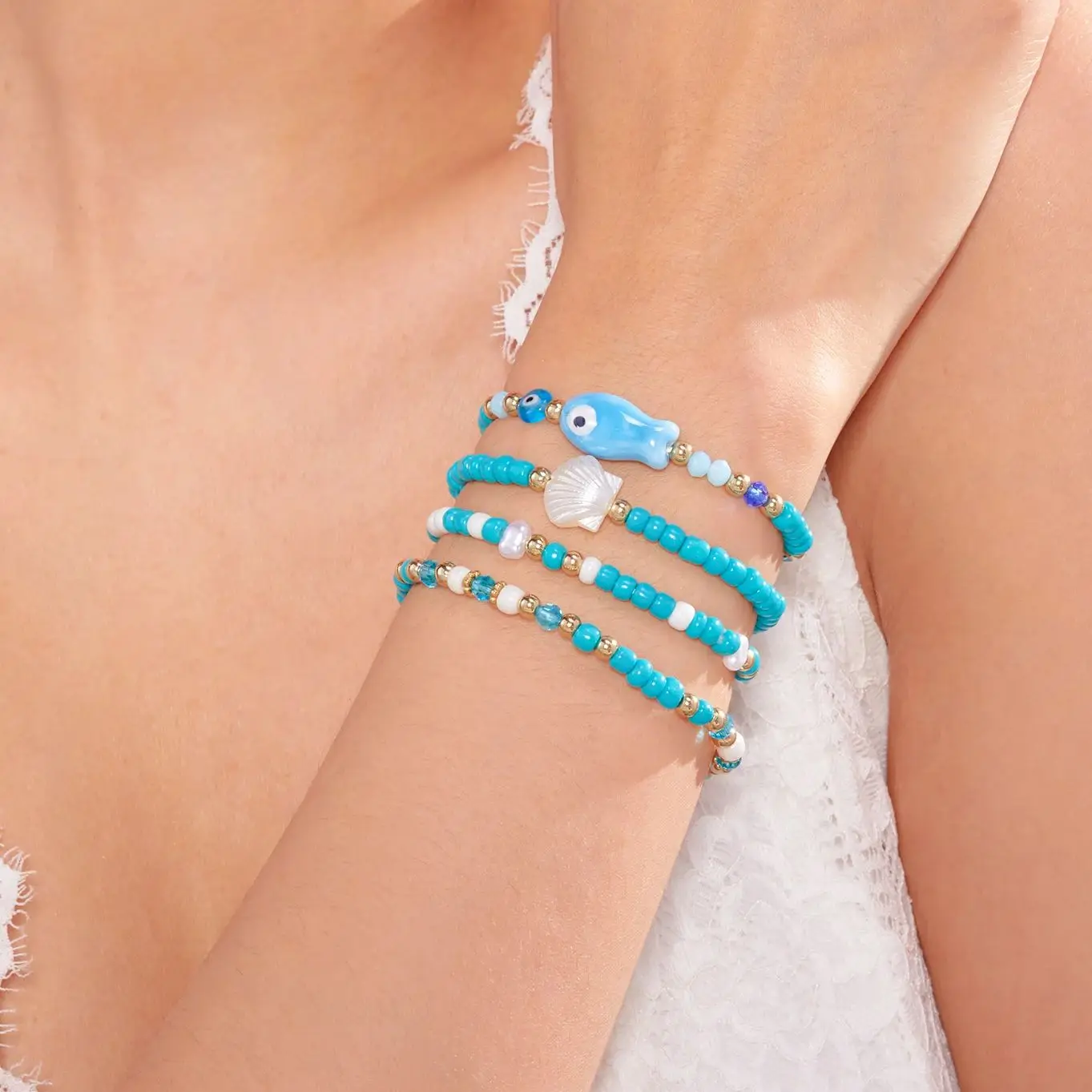 4 ชิ้น/เซ็ตสีฟ้าเซรามิคปลาสร้อยข้อมือลูกปัดผู้หญิง Minimalist Handmade ลูกปัดสร้อยข้อมือมิตรภาพเครื่องประดับของขวัญ