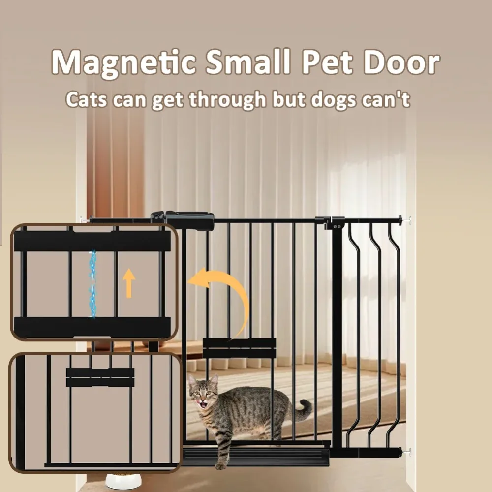 Baby Safety Gate with Cat Door,57"-66" Extra Wide Pressure Mount Pet Gate Black Metal