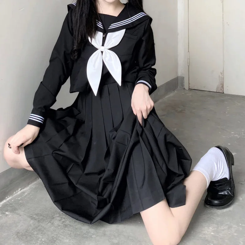 

Japanese School Uniforms Style Student Girls Navy Costume Women Sexy Black JK Long Dress Suit Sailor Blouse Pleated Skirt Set