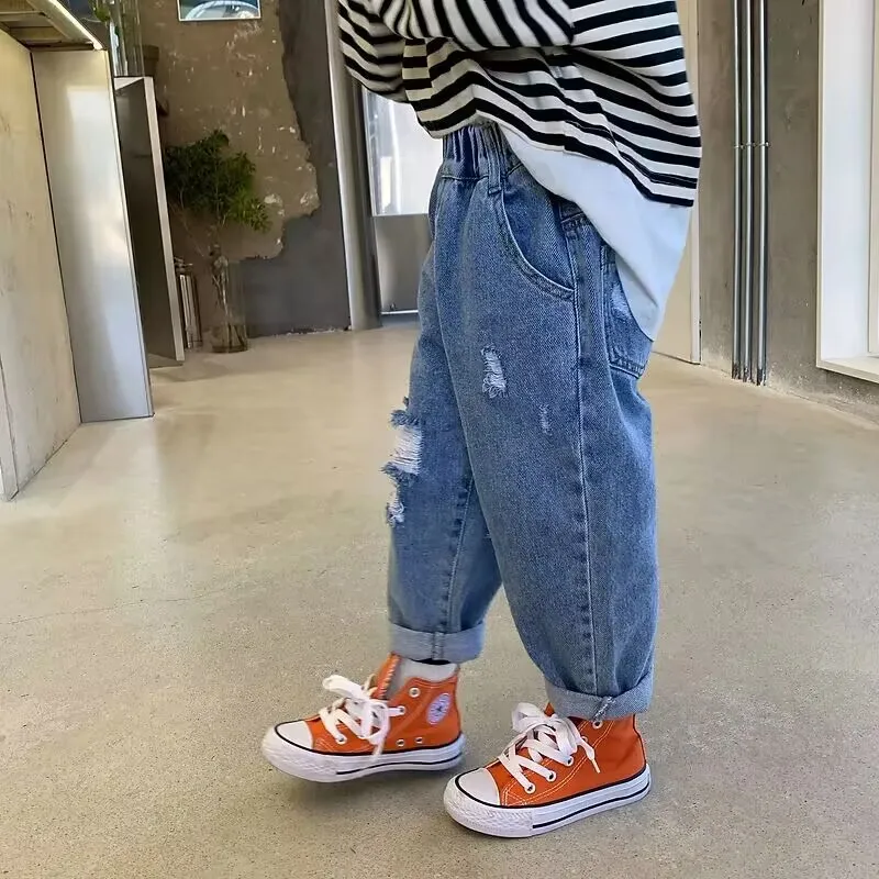 Children's Jeans Spring and Autumn Trousers Korean Edition Children's Wear Boys' Jeans New Style Children's Broken Pants