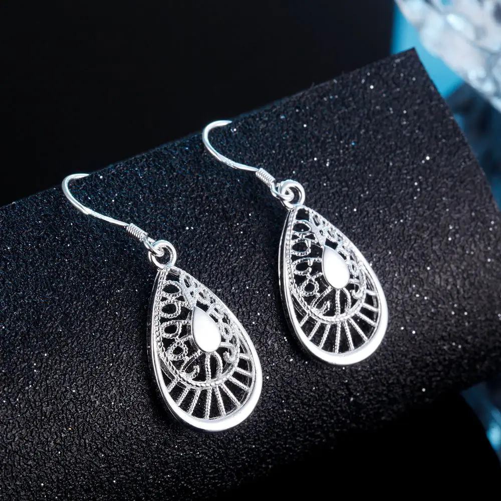 

Hot Selling 925 Sterling Silver Vintage Earrings High Quality Fashion Jewelry Christmas Gift Carved Water Drops