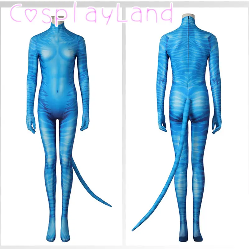 

The Way of Water Cosplay Neytiri Costume Adult Women Printing Blue Jumpsuit With Tail Mask Halloween Carnival Bodysuit