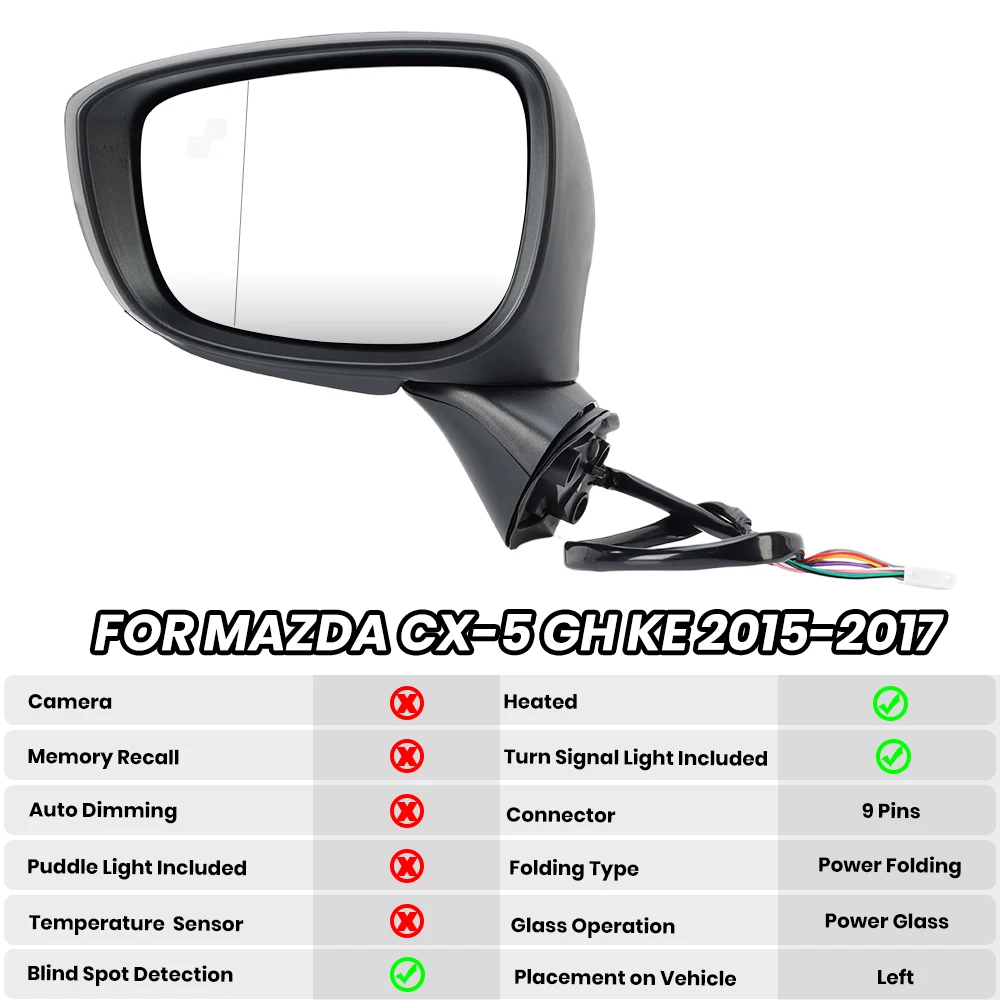 9 دبابيس مرآة الرؤية الخلفية الجمعية لمازدا CX-5 GH KE 2015 2016 2017 الطاقة للطي ساخنة العمياء الجانب مرآة اكسسوارات السيارات