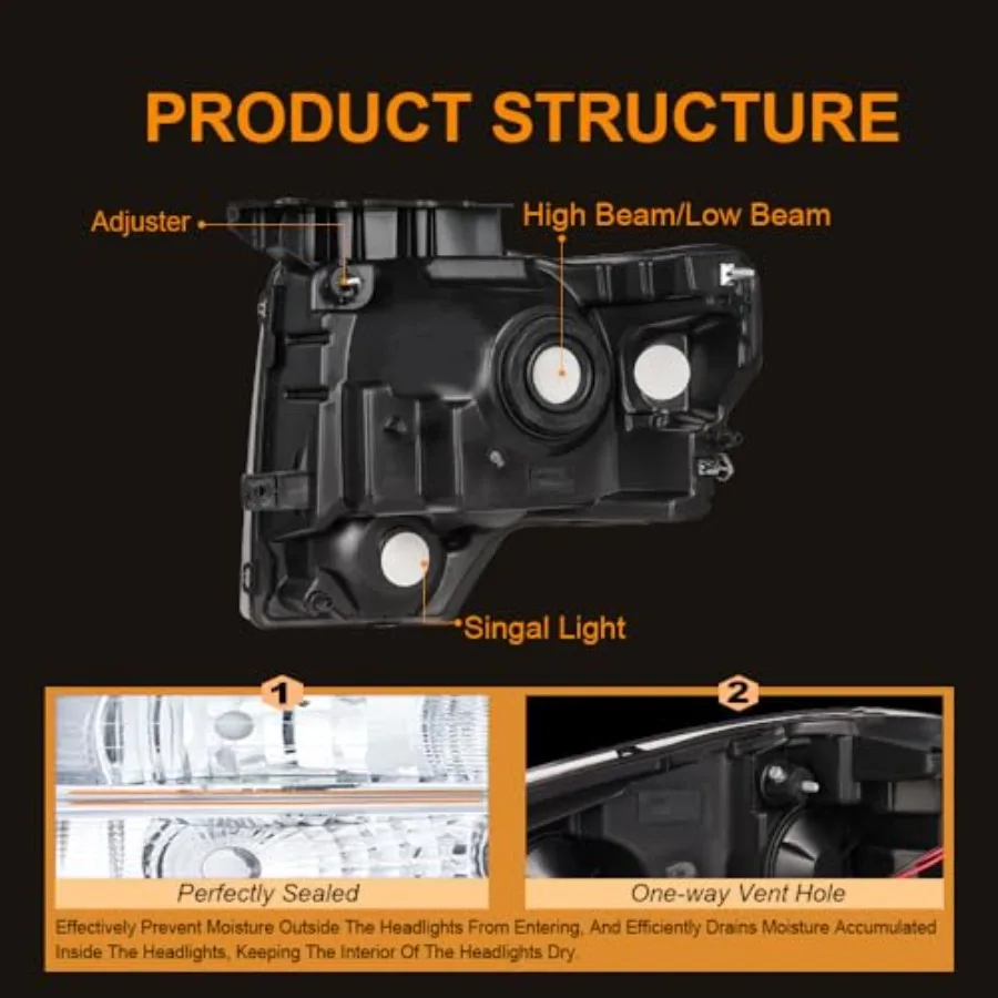 مجموعة المصابيح الأمامية مجموعة المصابيح الأمامية المتوافقة مع 20092014 F150 استبدال المصابيح الأمامية الكروم الإسكان العنبر عاكس لتعزيز
