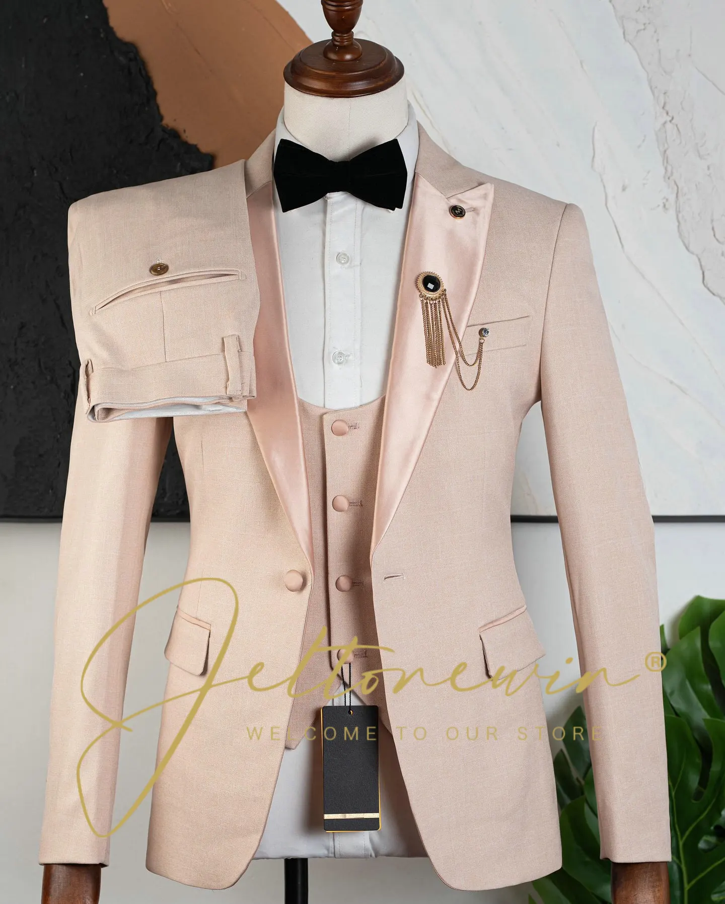 

Мужской светло-розовый костюм-тройка с атласными лацканами и курткой на одной пуговице, приталенная официальная одежда для свадебной вечеринки, жениха