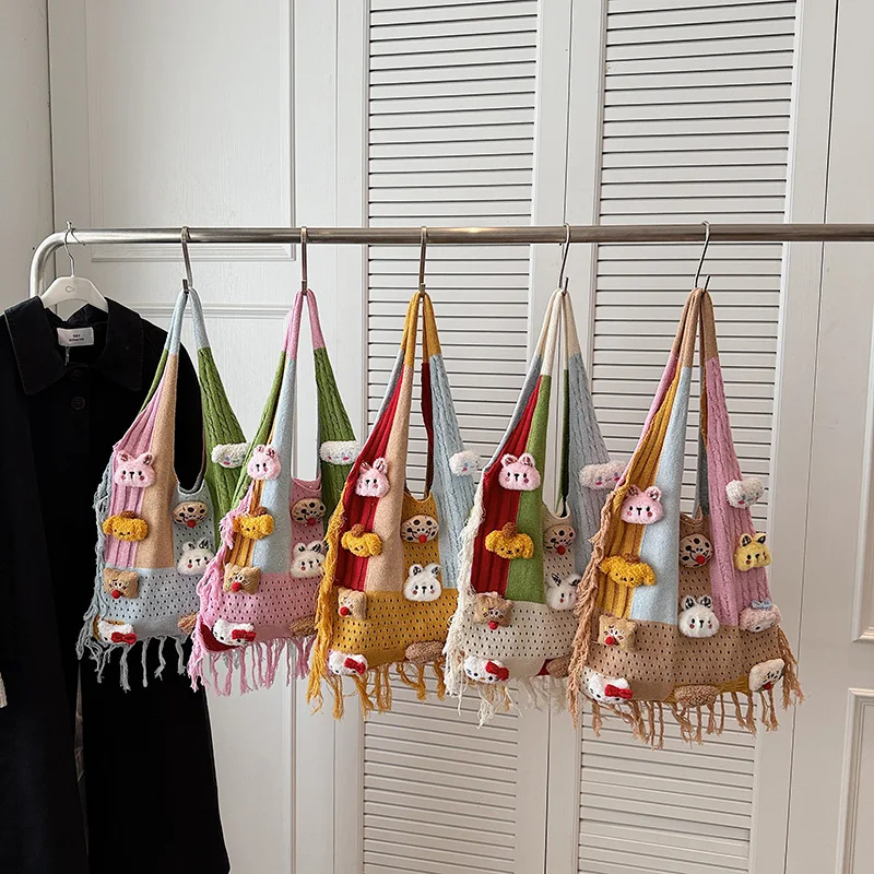 

New Niche Retro Fringed Splicing Literary and Knitted Contrasting Colors Large-capacity Fun Doll Shoulder Tote Bag