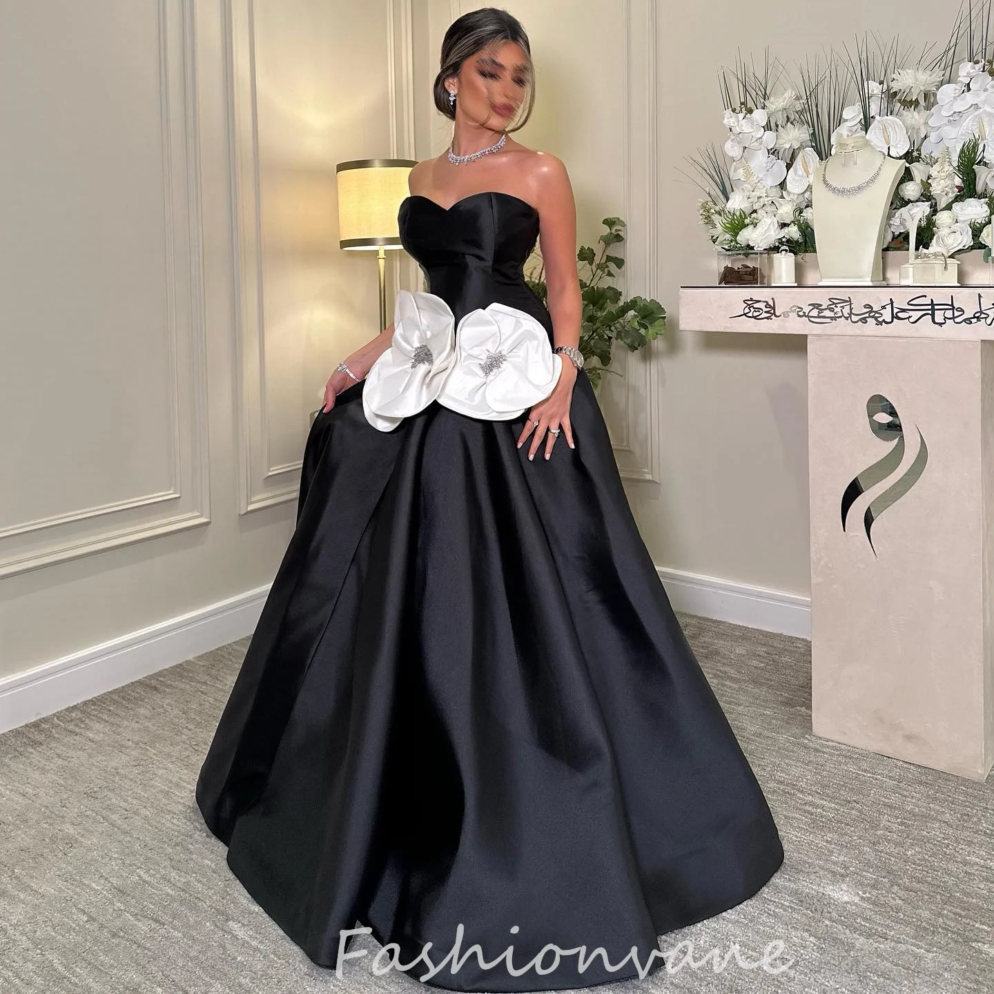 

Fashionvane Formal Evening Dresses Floral Beaded Strapless Formal Occasion Gown Prom Dress Appliques 2024 Ball Gowns Black