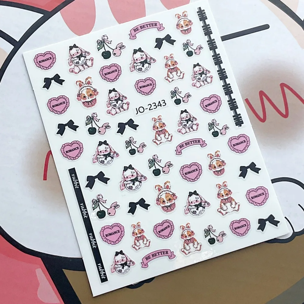 1 sheet Lolita Rabbit nail paste net red bow pink cute cartoon rabbit waterproof nail sticker fashion design DIY