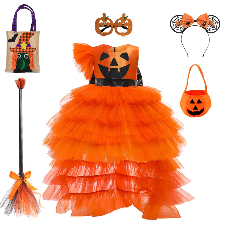 

NEW Halloween Cosplay Girl Pumpkin Print Witch Cocktail Dresses Carnival Baby Masquerade Vampire Tulle Tiered Infants Ball Gowns