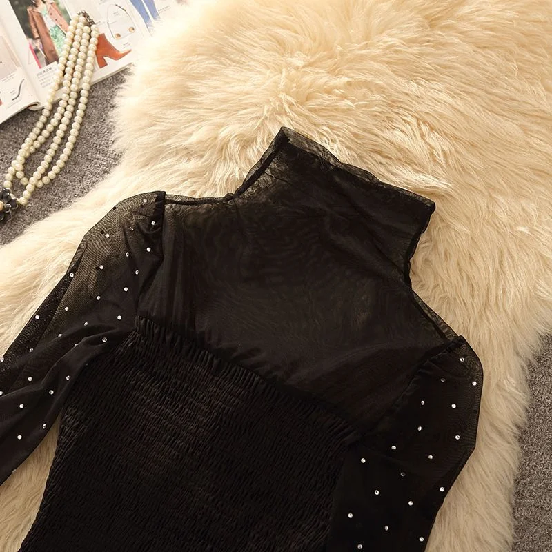 Women\'s T-shirt Woman Clothing Shirt Female Spring Sexy Perspective Mesh Stitching Top Drilling Long-sleeved T-shirt Female