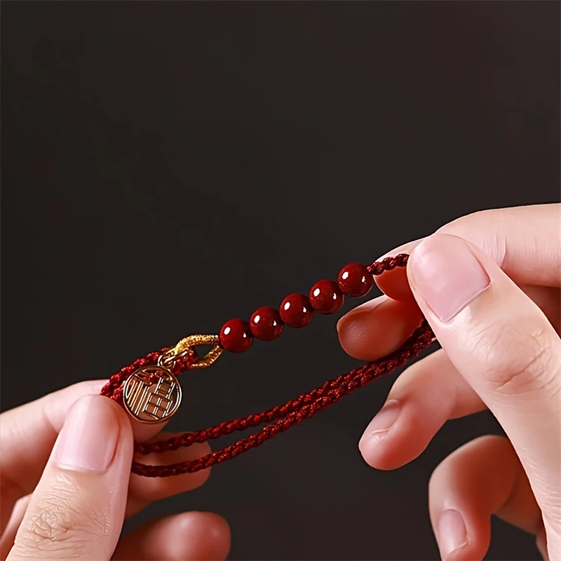 Handgefertigte geflochtene Imitation Zinnober Unendlichkeitssymbol-Armbänder für Damen und Herren, schlichtes rotes Seil, Pfirsichblüten-Transfer-Perlenarmband – Detail 9