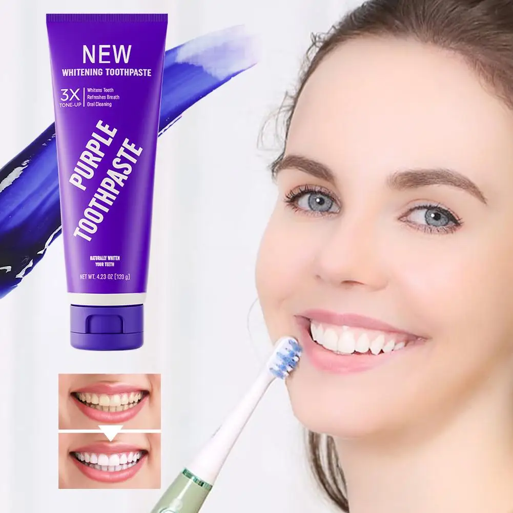 3倍の明るい白い歯磨き粉 ユニークなトーンアップ技術で欠陥をカバーし、歯の色を均一にします ミントフレーバー パープル歯磨き粉