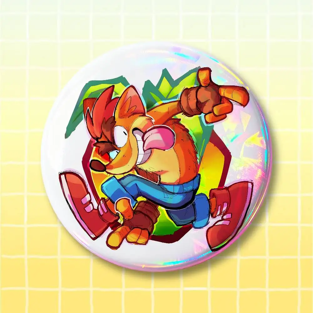 C-Crash Bandicoot Fox Pin Buttons Round Badge for Clothes Bags Hats Pins Accessories Backpacks Tote Bags Unisex Outfit Decor