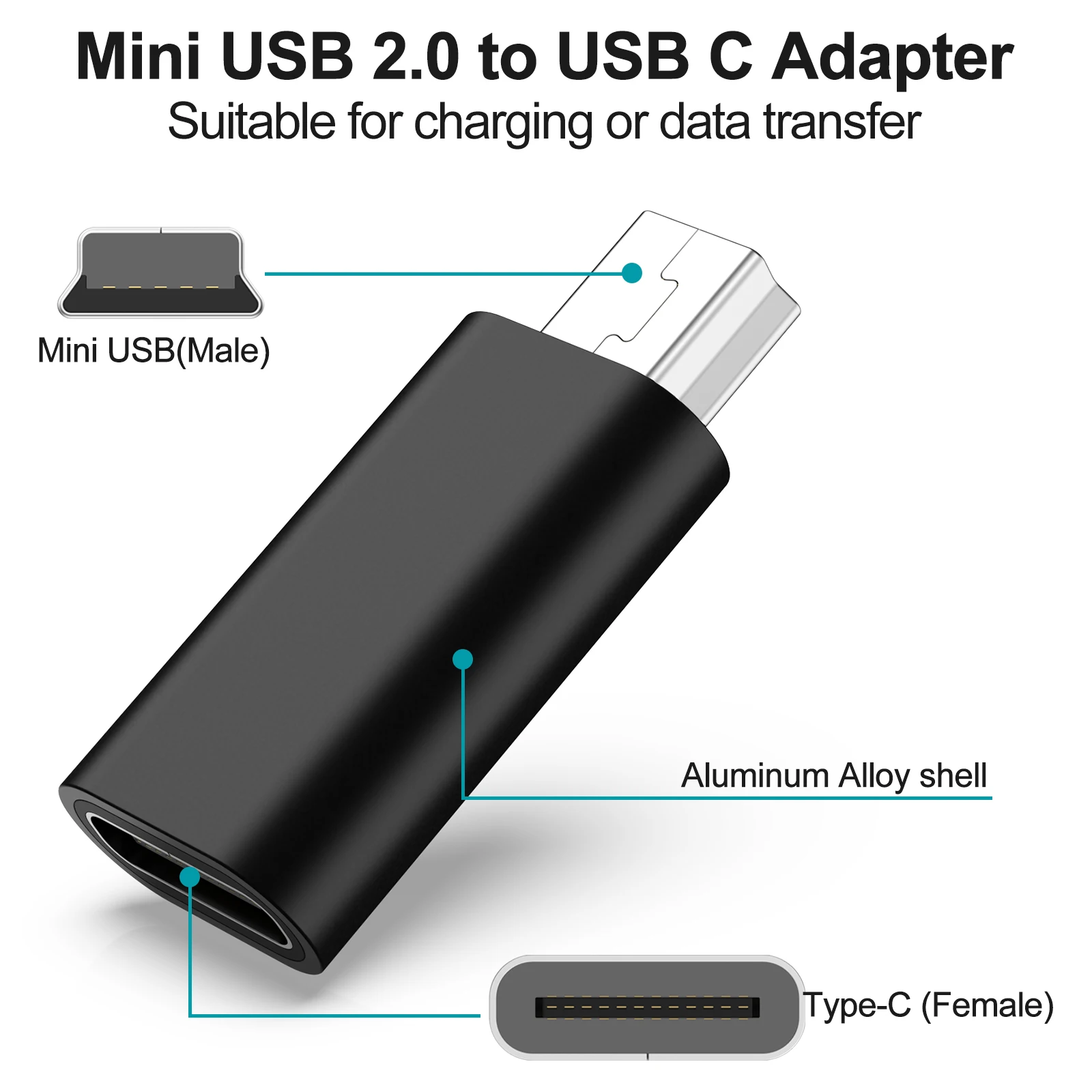 Typ-C-zu-Mini-USB-2.0-Adapter zum Laden und Datenübertragen, USB-C-Buchse zu Mini-USB-Stecker-Konverter für Kameras, GoPro, MP3, MP4, GPS-Geräte – Detail 3