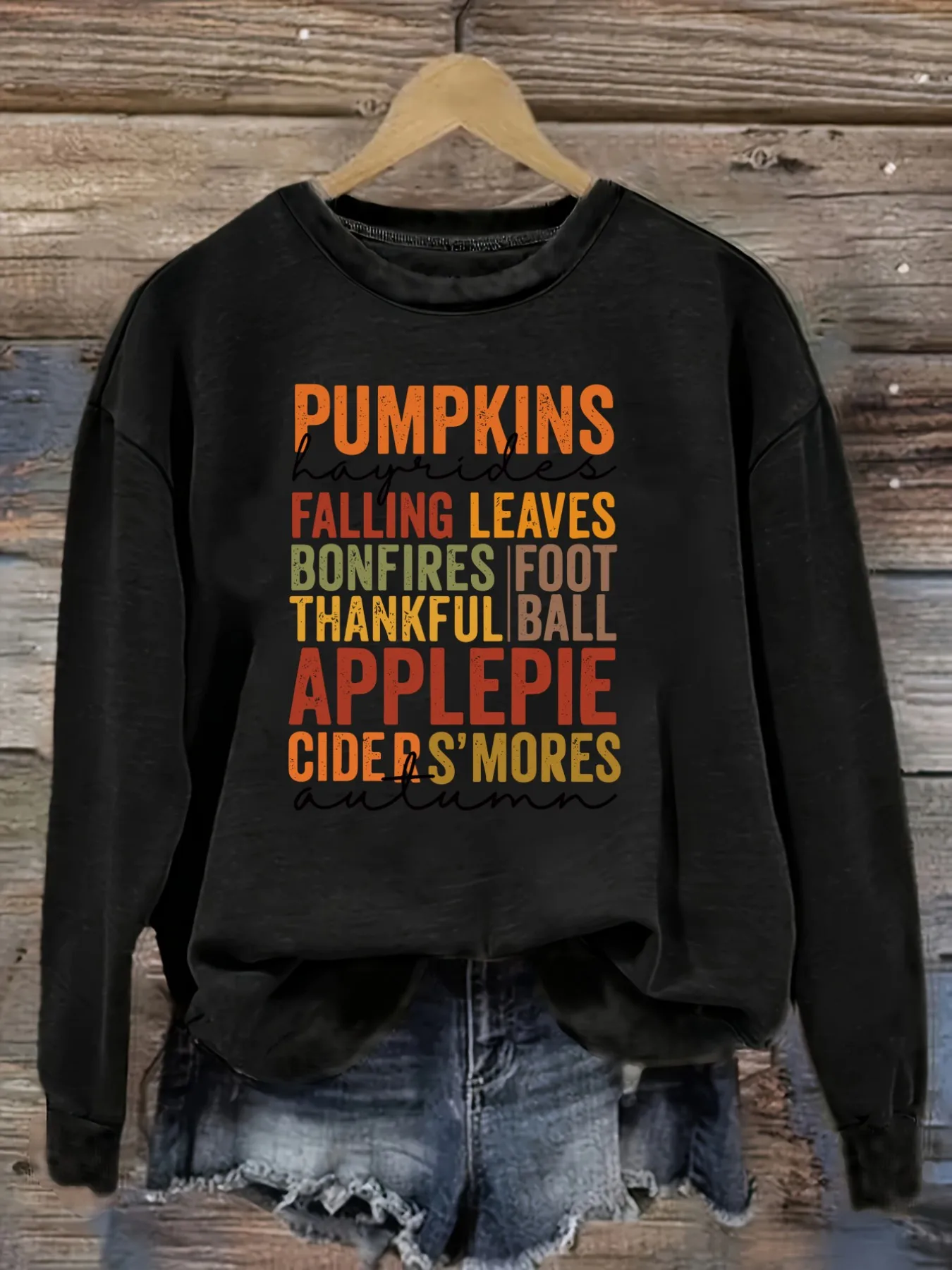 Women's Casual Long Sleeve Crew Neck T-Shirt Pumpkins Hayrides Falling Leaves Bonfires Design, Round Neck Women's Clothing, Machine Washable, Slightly Elastic, Loose Fit, Spring Autumn Winter Women's T-Shirt, Halloween Costume Outfit