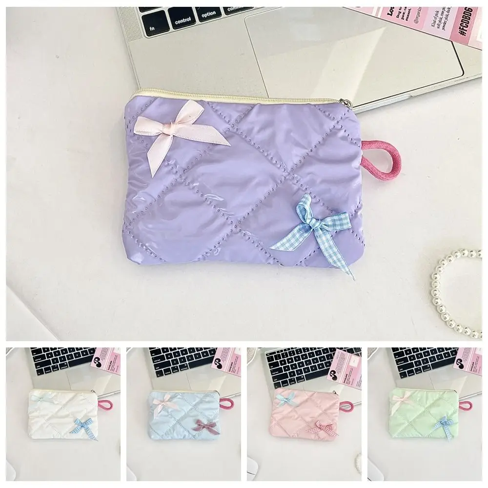 Mini sac de rangement monocouche pour tampons, ensemble de 2 pièces, tissu écossais cousu, nœud en coton, porte-monnaie pour bonbons, style coréen, pour poudres de maquillage